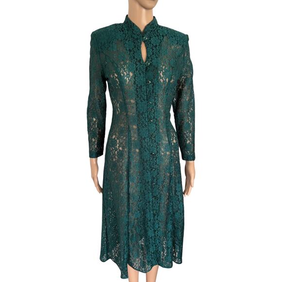 VTG Long Sleeves Button Down Lace Sheer Dress 4 Fairy Grunge Boho Floral Green - Picture 1 of 9